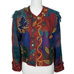 Crystal Jacket XS Boho‎ Multicolor Embroidered Fringe Button-Up Statement Coat